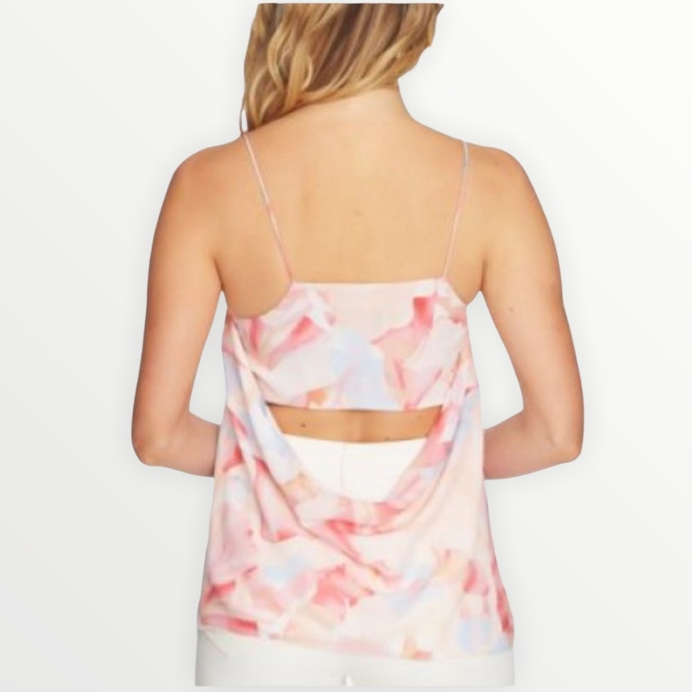1. STATE Printed Cowl-Neck Camisole Top with Draped Cutout Back